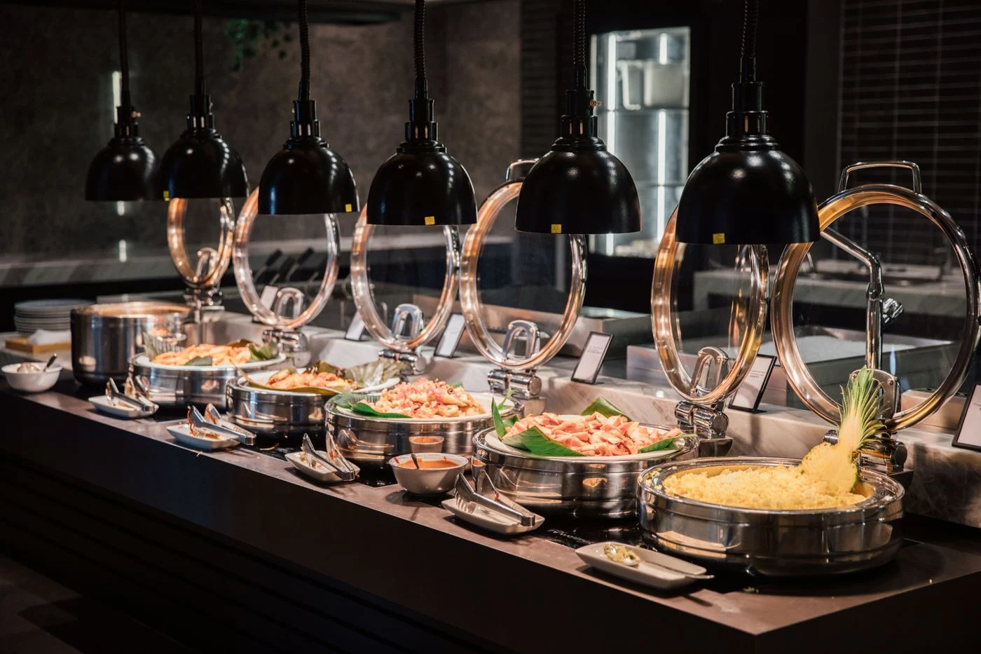 Buffet with a selection of prepared dishes