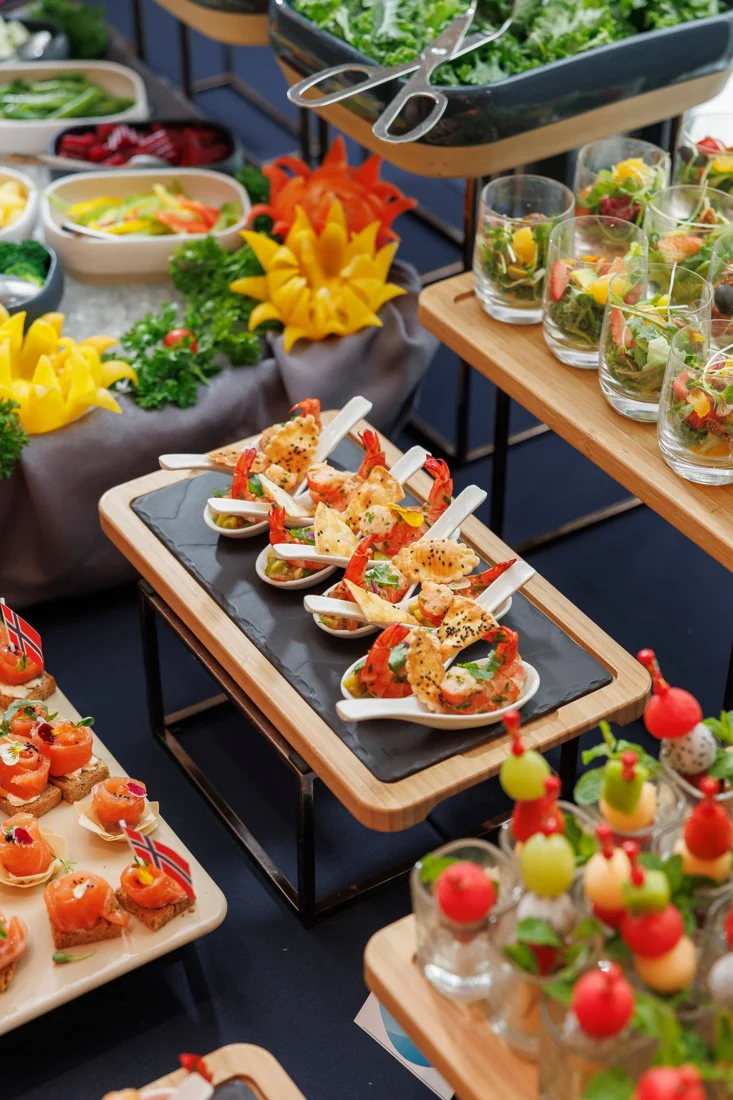 Colorful appetizers and carefully presented buffet dishes